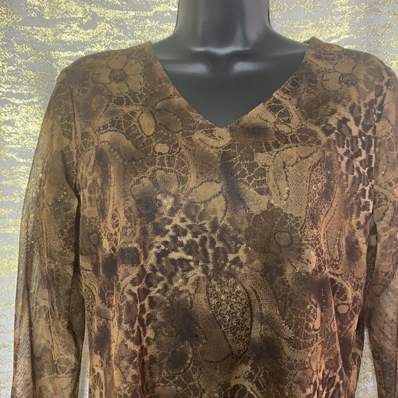 Script Brown Floral Glittery Print Long Sleeve Semi-Sheer blouse - Picture 3 of 10